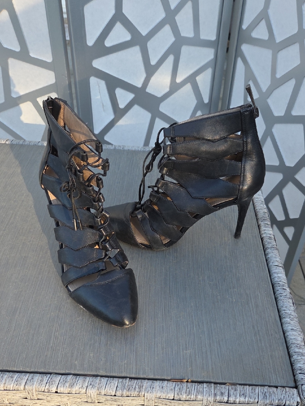 BCBG Black Lace-Up Strappy Pointed Toe High Heel Booties
